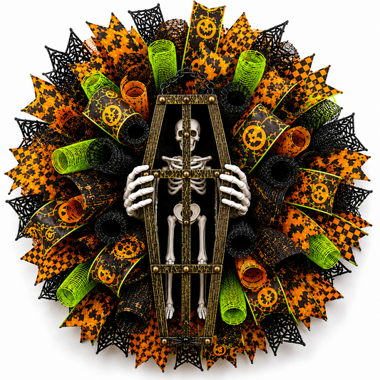 Handmade Halloween skeleton coffin wreath with orange, black, and lime green deco mesh for spooky front door decor.