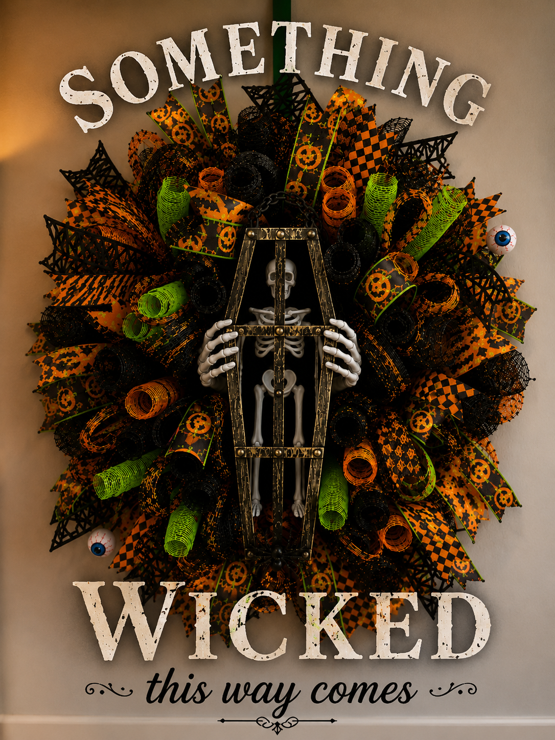 Handmade Halloween door wreath with skeleton trapped inside a decorative coffin, premium ribbon tails, mesh rolls, and spooky Halloween decorations.