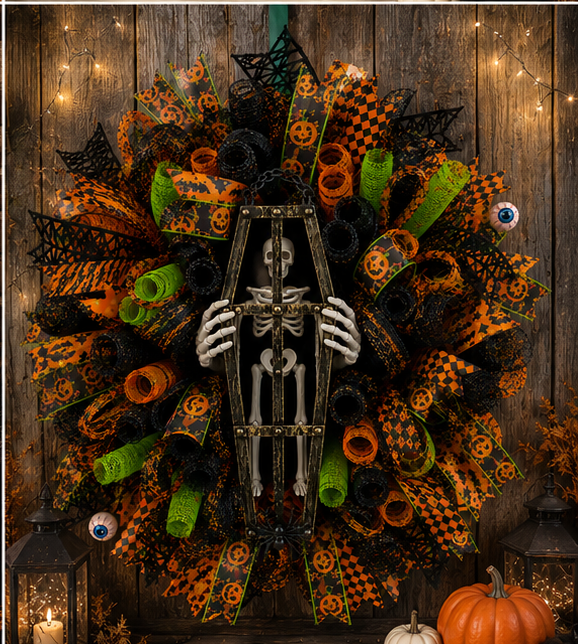 Handmade Halloween door wreath with skeleton trapped inside a decorative coffin, premium ribbon tails, mesh rolls, and spooky Halloween decorations.