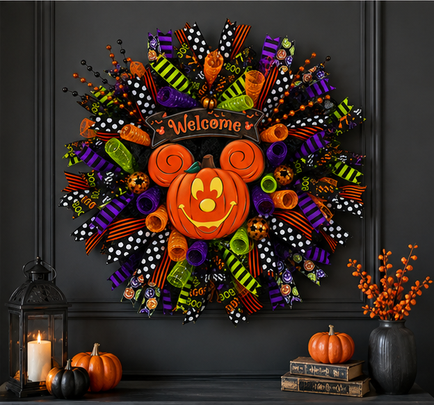 Close-up of a handmade Halloween wreath with premium orange, black, purple, and lime green ribbons, decorative mesh curls, and a festive Welcome sign.