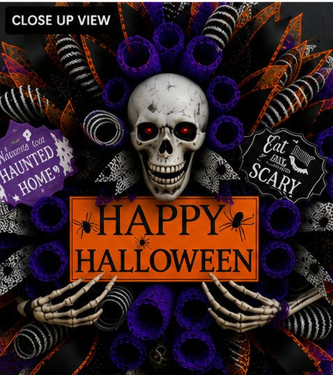 Handmade Halloween front door wreath featuring skull centerpiece and spooky mesh accents.