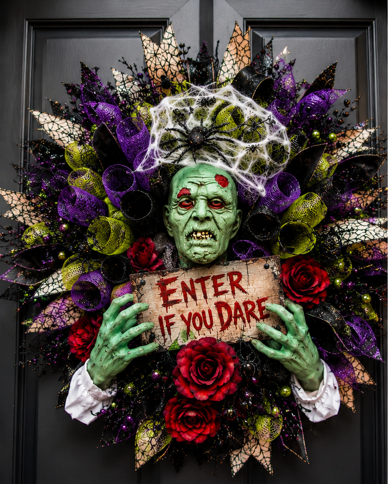 Handmade 28-inch Zombie Halloween wreath with Enter If You Dare sign.