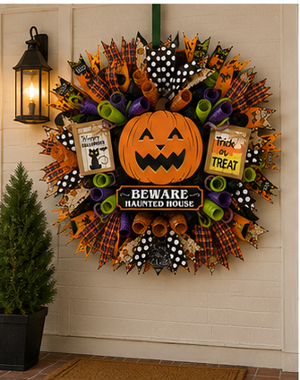 Large handmade jack-o'-lantern wreath with Trick or Treat sign, premium ribbons, and Halloween decorations for front doors.