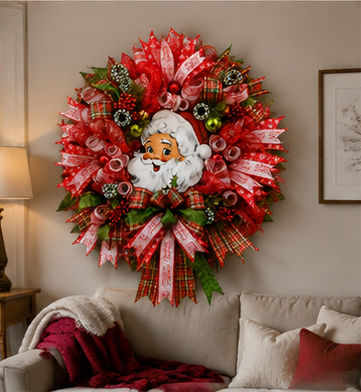 Large handcrafted Santa Claus Christmas wreath featuring premium deco mesh, designer ribbons, berries, ornaments, and evergreen accents.