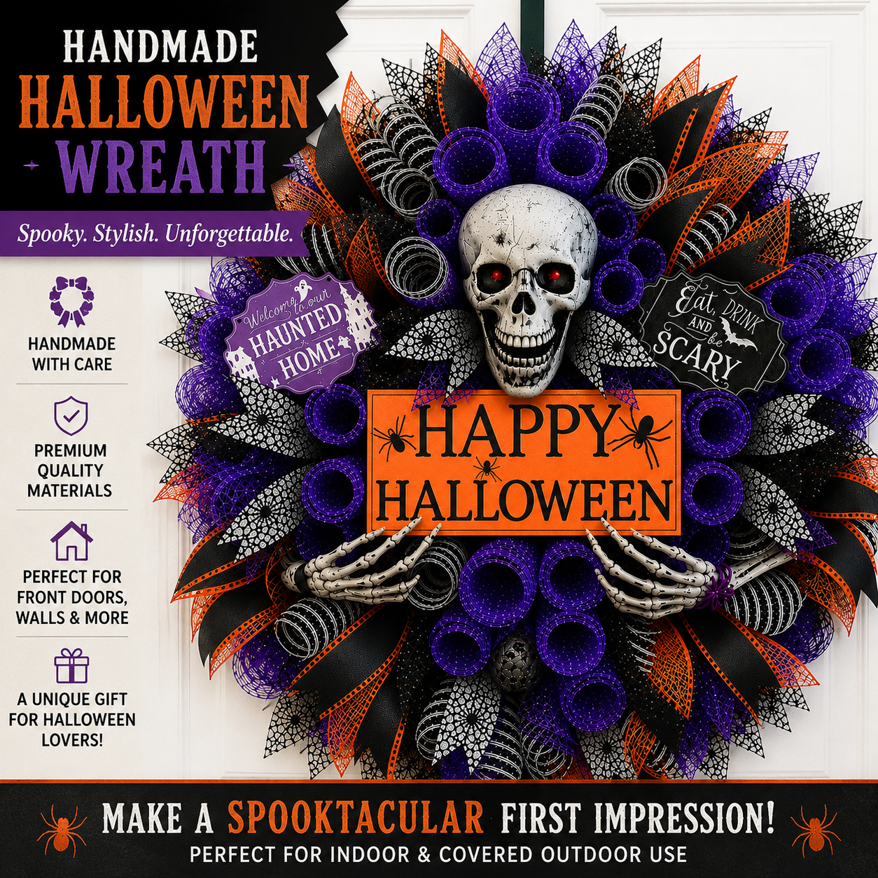 Halloween wreath with skull, purple deco mesh, black ribbon, and haunted house decor.