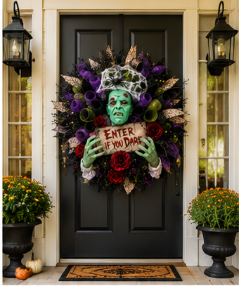 Halloween front door decorated with handmade zombie wreath.