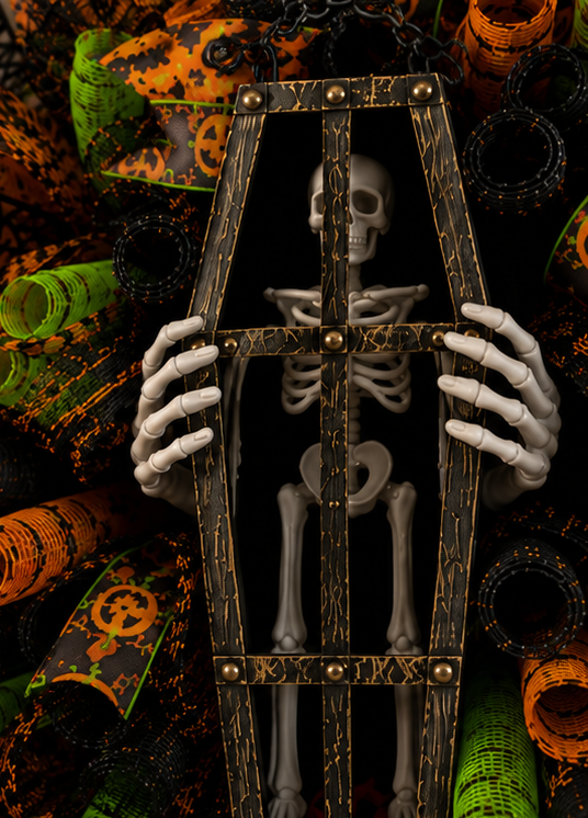 View of a luxury Halloween wreath highlighting layered mesh, skeleton hands, decorative spiderweb accents, and premium wired ribbons.