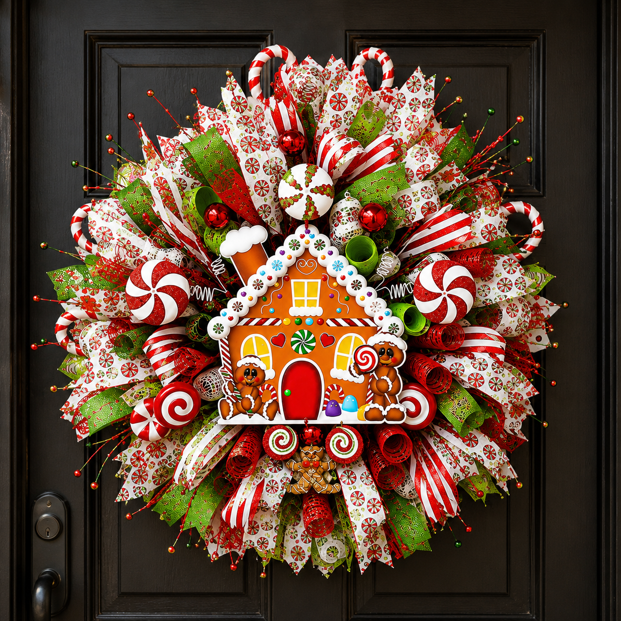 Elegant holiday entryway featuring a handmade Gingerbread House Christmas wreath with premium ribbon, candy canes, peppermint decorations, and festive ornaments.