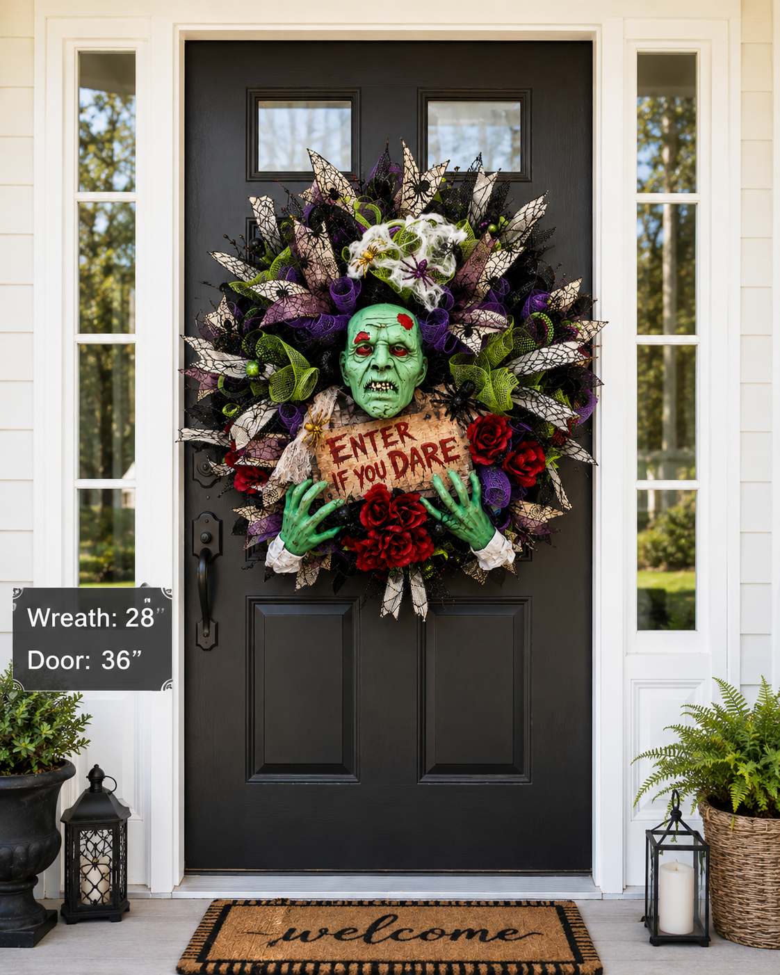 Halloween front door decorated with handmade zombie wreath.