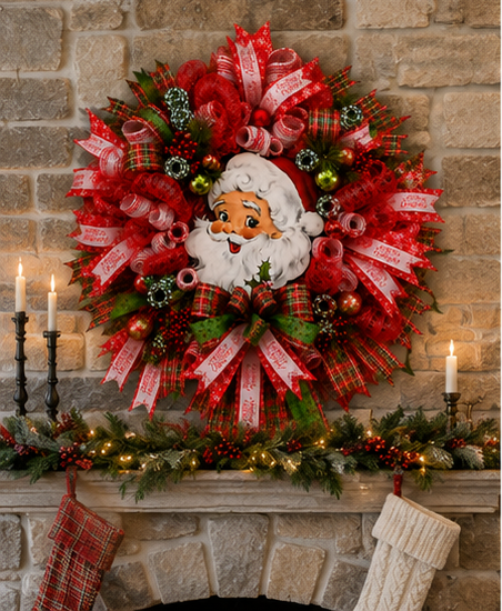 Premium Christmas front door wreath with Vintage Santa, decorative ornaments, greenery, and festive holiday ribbon.