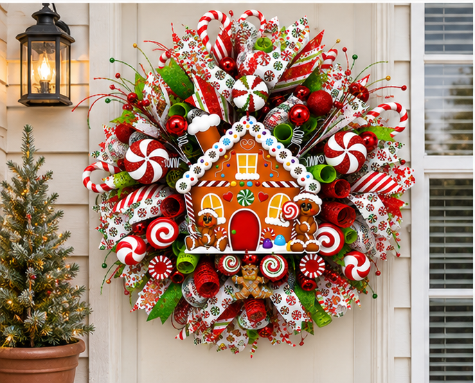 Festive front porch decorated with a handcrafted Gingerbread House Christmas wreath, lanterns, evergreen trees, holiday lights, and seasonal decorations.