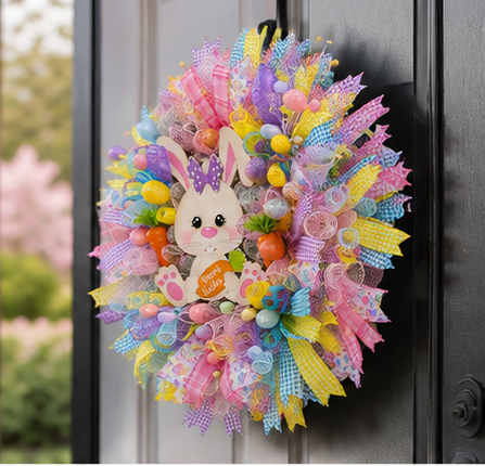 Angled view showing the fullness of the Easter Bunny wreath with premium mesh and designer ribbon.