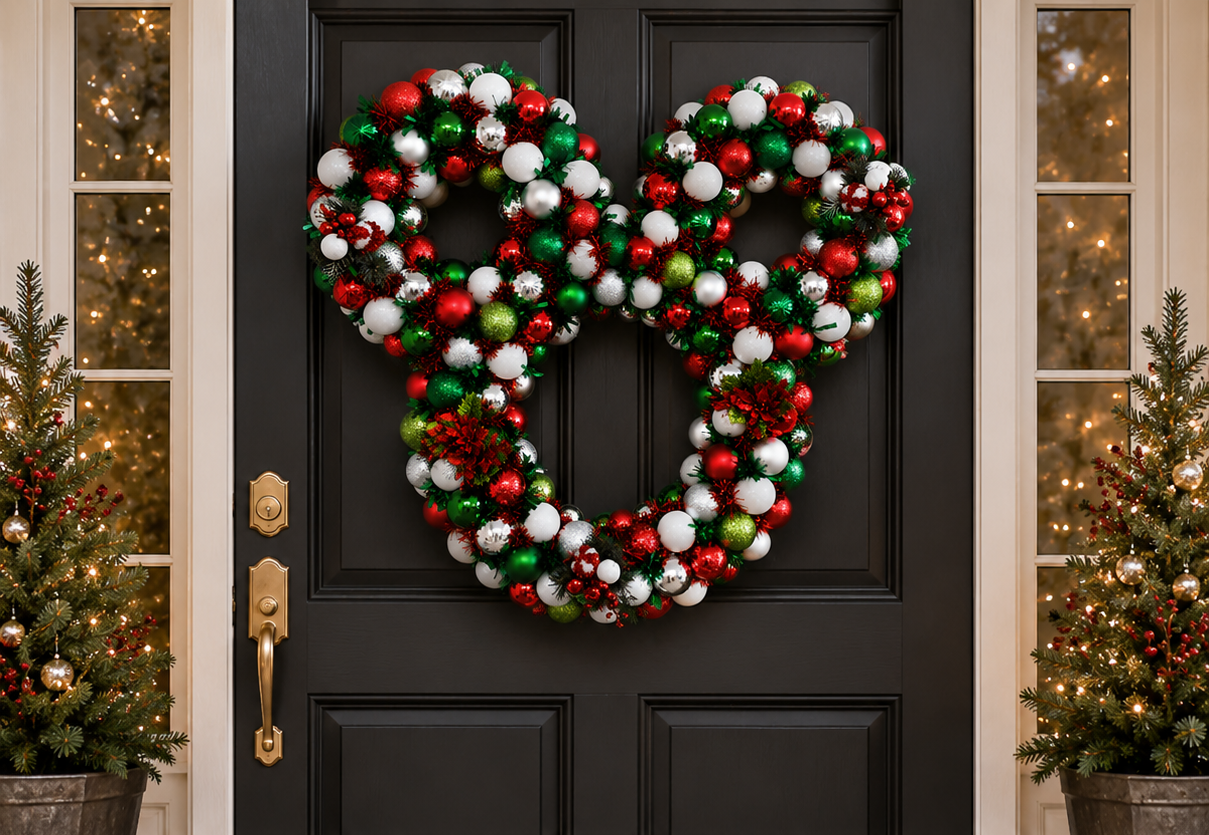 Oversized illuminated Christmas wreath creating a welcoming holiday entryway
