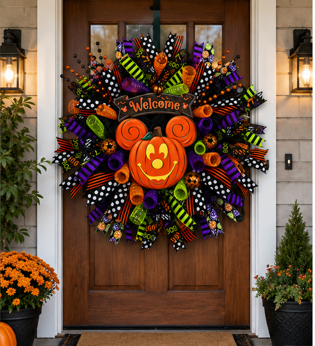 Premium handcrafted Halloween wreath featuring layered ribbon tails, deco mesh curls, decorative picks, and a cheerful Welcome sign.