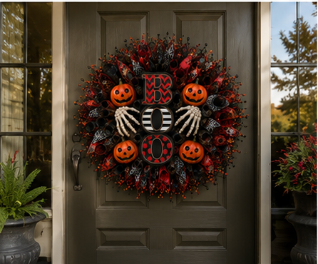 Black and red Halloween wreath with BOO sign, skeleton hands, and pumpkins decorating a covered front porch.