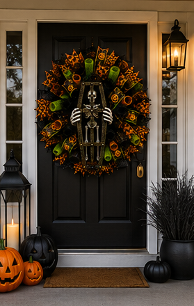 Premium handmade skeleton coffin Halloween wreath displayed in a luxury Halloween front entry with elegant seasonal decor.