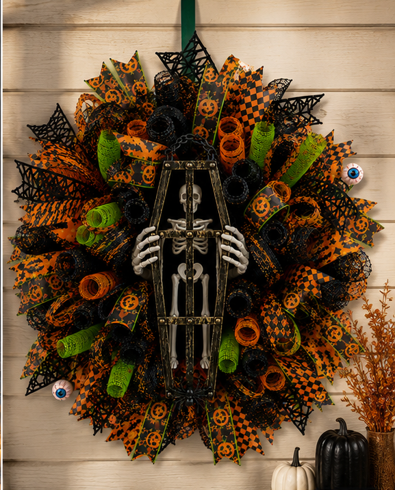 Close-up of a premium Halloween deco mesh wreath with skeleton in a coffin, skeleton hands, designer ribbons, spiderweb accents, and vibrant Halloween colors.