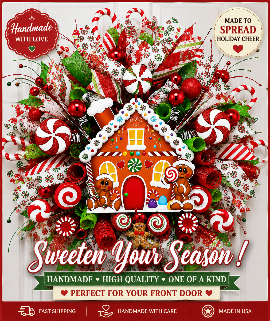 Premium Gingerbread House Christmas wreath handcrafted with festive holiday decorations, making a beautiful Christmas gift or front door decoration.