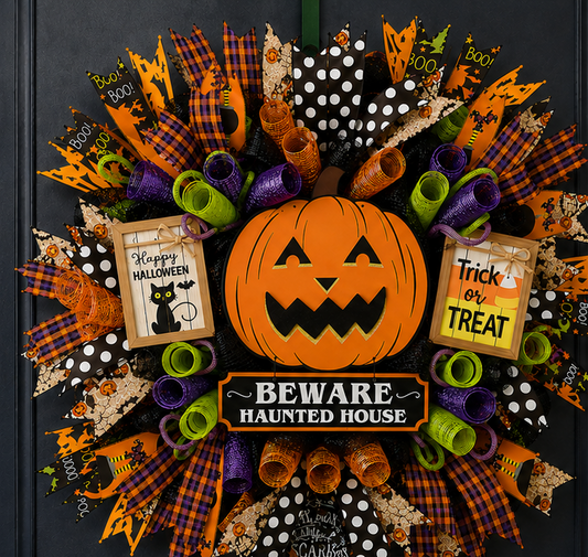 Luxury handmade 26-inch Halloween pumpkin wreath featuring a smiling jack-o'-lantern, premium black deco mesh, orange, purple and lime green mesh curls, designer Halloween ribbons, Trick or Treat sign, Happy Halloween sign, and Beware Haunted House sign for front door, mantel, or covered porch decor.