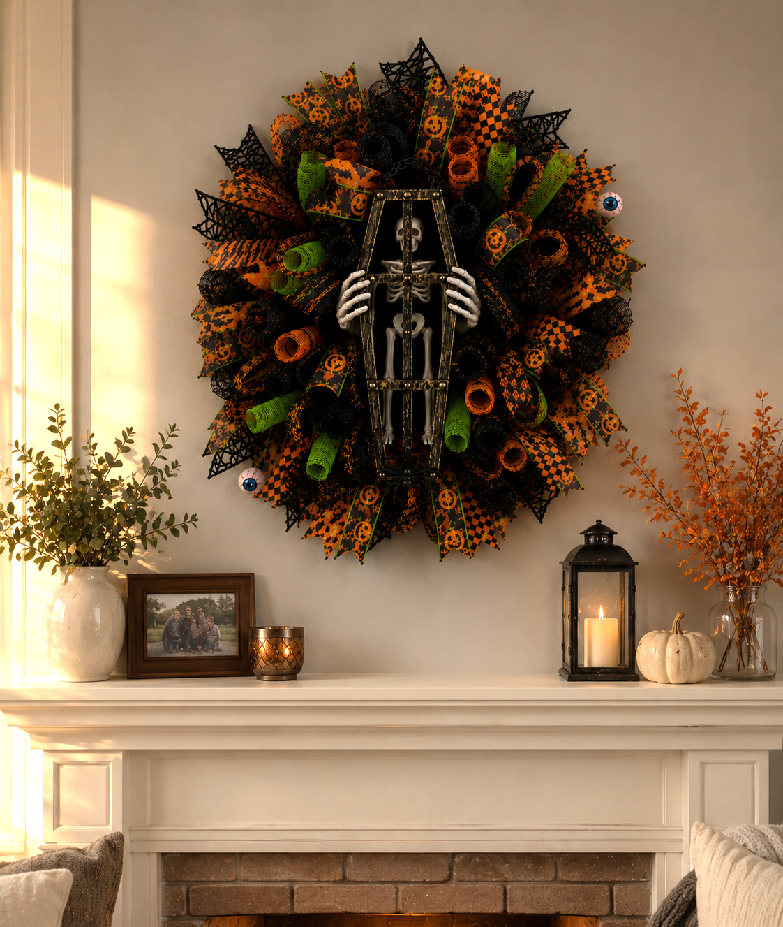 Elegant Halloween wreath displayed in a cozy fall home, featuring a skeleton coffin centerpiece, designer Halloween ribbons, premium deco mesh, and haunted house-inspired décor.
