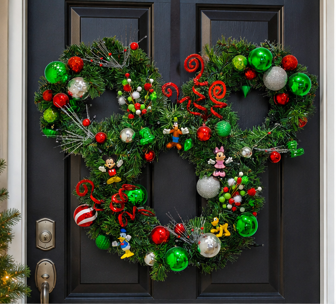 Elegant Christmas wreath decorated with premium evergreen garland, oversized red, green, and silver ornaments, and sparkling holiday sprays.
