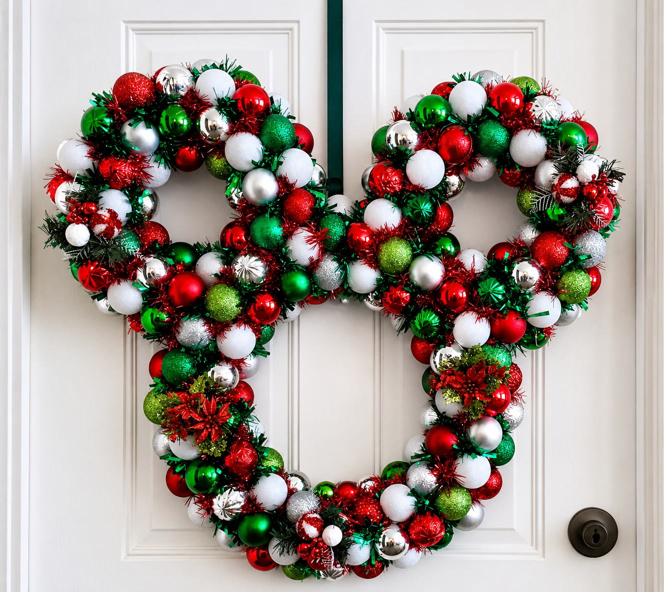Detailed view showing glitter ornaments, greenery, and decorative accents