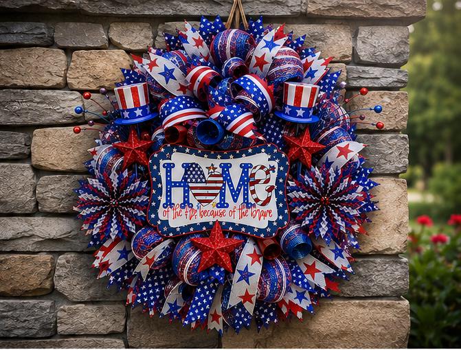 Handmade patriotic deco mesh wreath with red, white and blue ribbon, glitter stars and Home of the Free sign for front door décor.