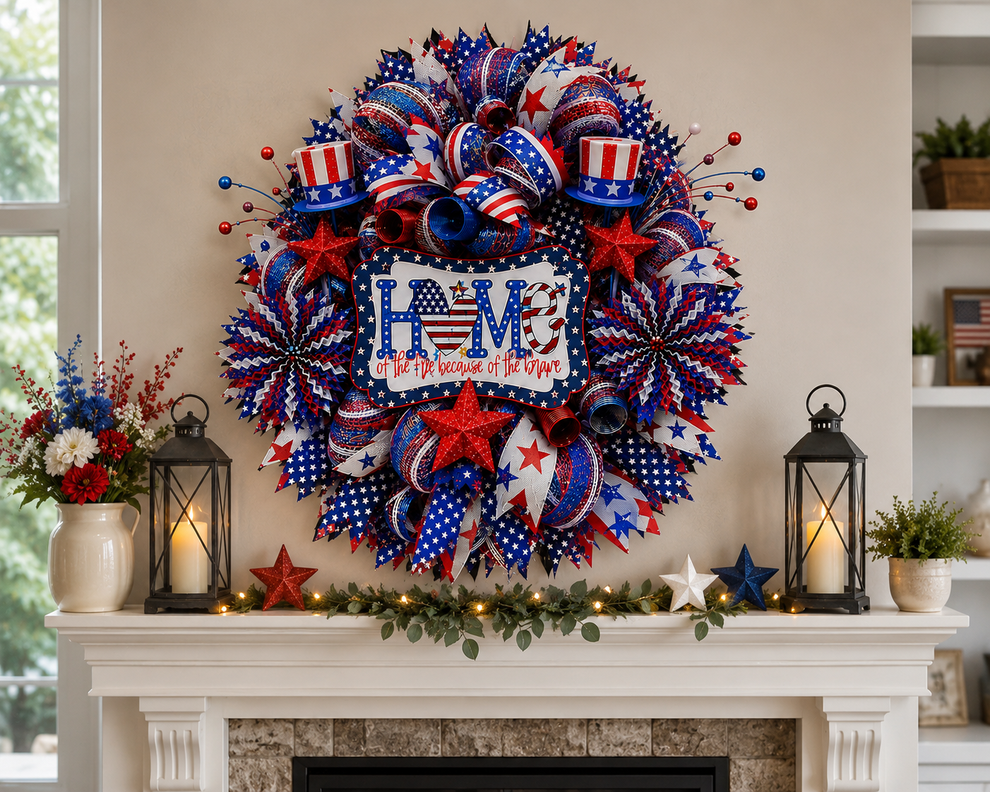 Handmade patriotic wreath displayed above a fireplace mantel for Americana home decorating.