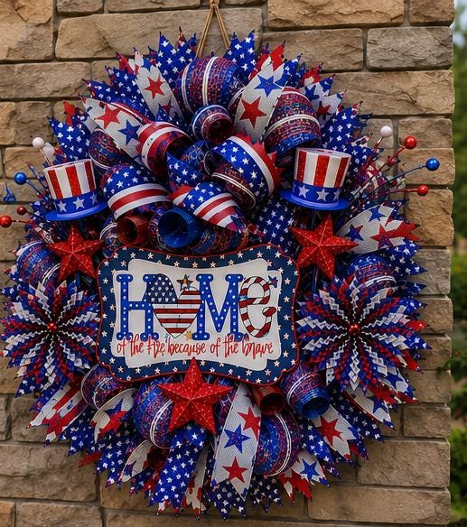 Red white and blue patriotic wreath decorating a welcoming front porch entryway.