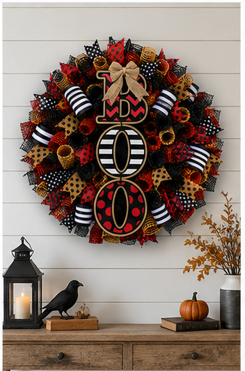 Luxury Halloween wreath with stacked BOO sign, premium black and red deco mesh, orange accents, and designer wired ribbons.