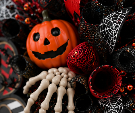 Halloween decorative wreath with a carved orange jack-o'-lantern, white skeleton hand, red mesh balls, black and red ribbons, and spiderweb-patterned accents.