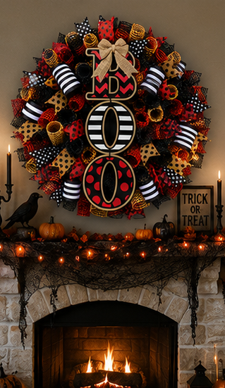 Full handmade Halloween wreath featuring premium deco mesh, designer ribbons, and a large BOO centerpiece perfect for fall decorating.