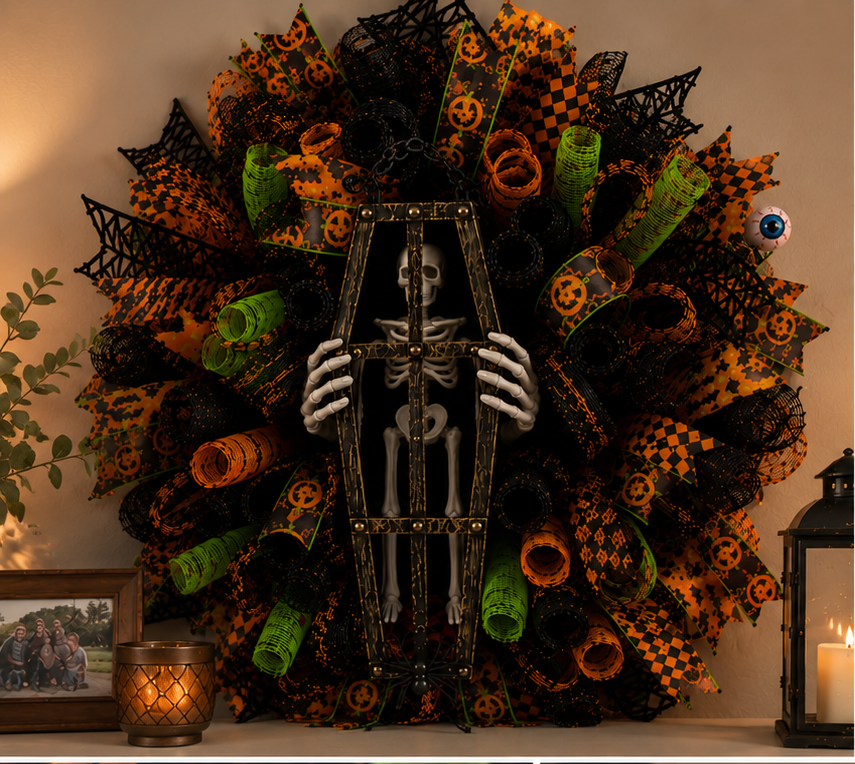 Close-up of a premium Halloween deco mesh wreath with skeleton in a coffin, skeleton hands, designer ribbons, spiderweb accents, and vibrant Halloween colors.