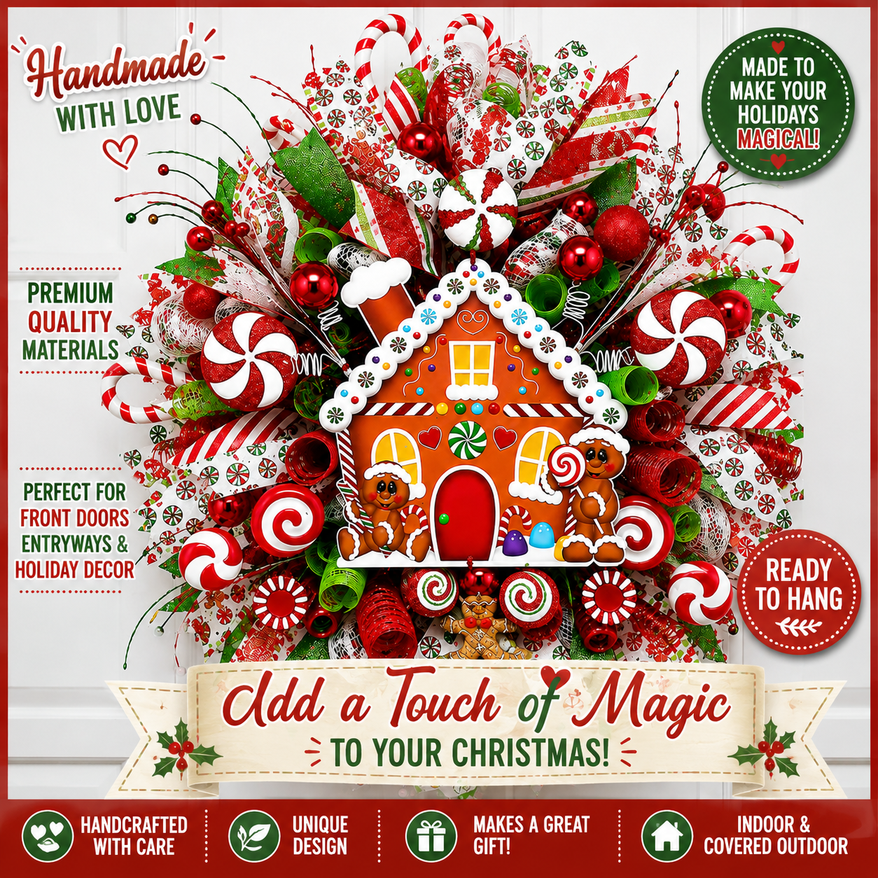 Side-angle view of a handcrafted Gingerbread House Christmas wreath showing layered designer ribbon, deco mesh, peppermint candy accents, and holiday ornaments.