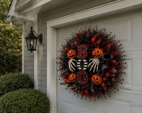 Angled view of a luxury handmade Halloween wreath featuring layered deco mesh, pumpkins, skeleton hands, and BOO centerpiece.