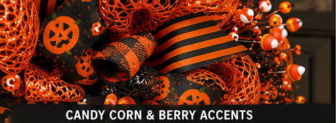 Detailed view of orange sparkle deco mesh, black deco mesh, candy corn berry sprays, and designer Halloween ribbon.