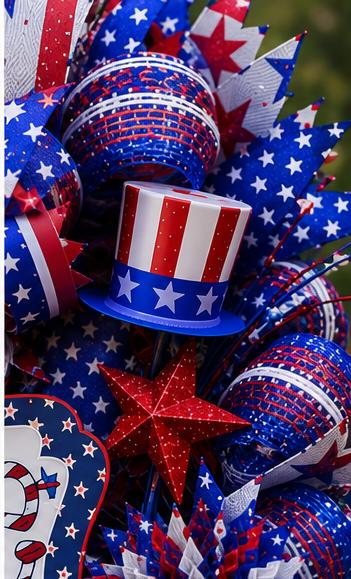 Close-up showing premium red white and blue wired ribbon, deco mesh and glitter star accents.