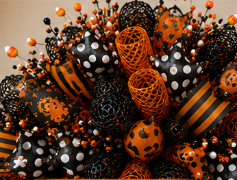 Close-up of ghost ribbon, orange and black striped ribbon, black and white polka dot ribbon, orange polka dot ribbon, and premium deco mesh.
