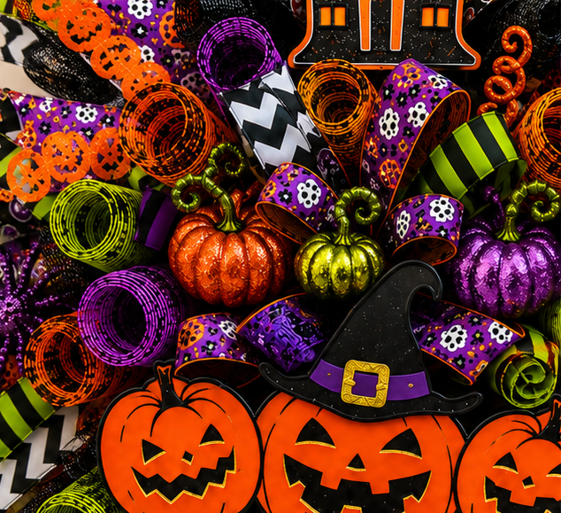 Pumpkin wreath with deco mesh ribbon and Halloween sign