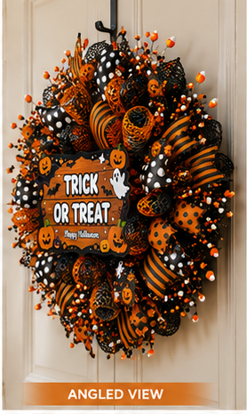 Angled view showing the fullness, depth, and premium ribbon placement of the handmade Halloween wreath.