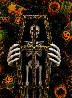Close-up of the skeleton in a decorative coffin centerpiece surrounded by premium Halloween ribbon and mesh.