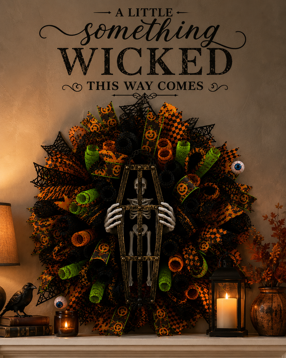 Handmade Halloween wreath displayed above a fireplace mantel, featuring a skeleton trapped in a coffin surrounded by premium mesh, designer ribbon, and Halloween accents.