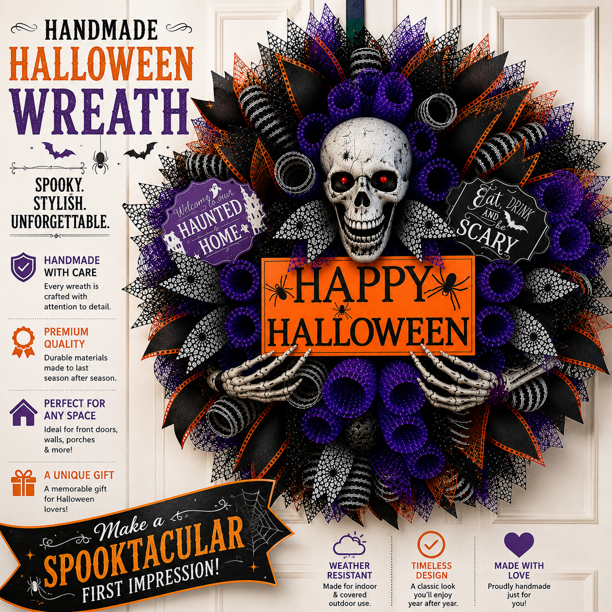Purple and black Halloween skull wreath with skeleton hands and Happy Halloween sign.