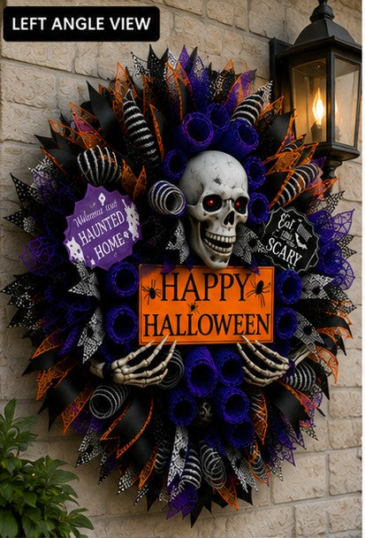 Spooky Halloween wreath with skeleton hands and purple mesh rolls.