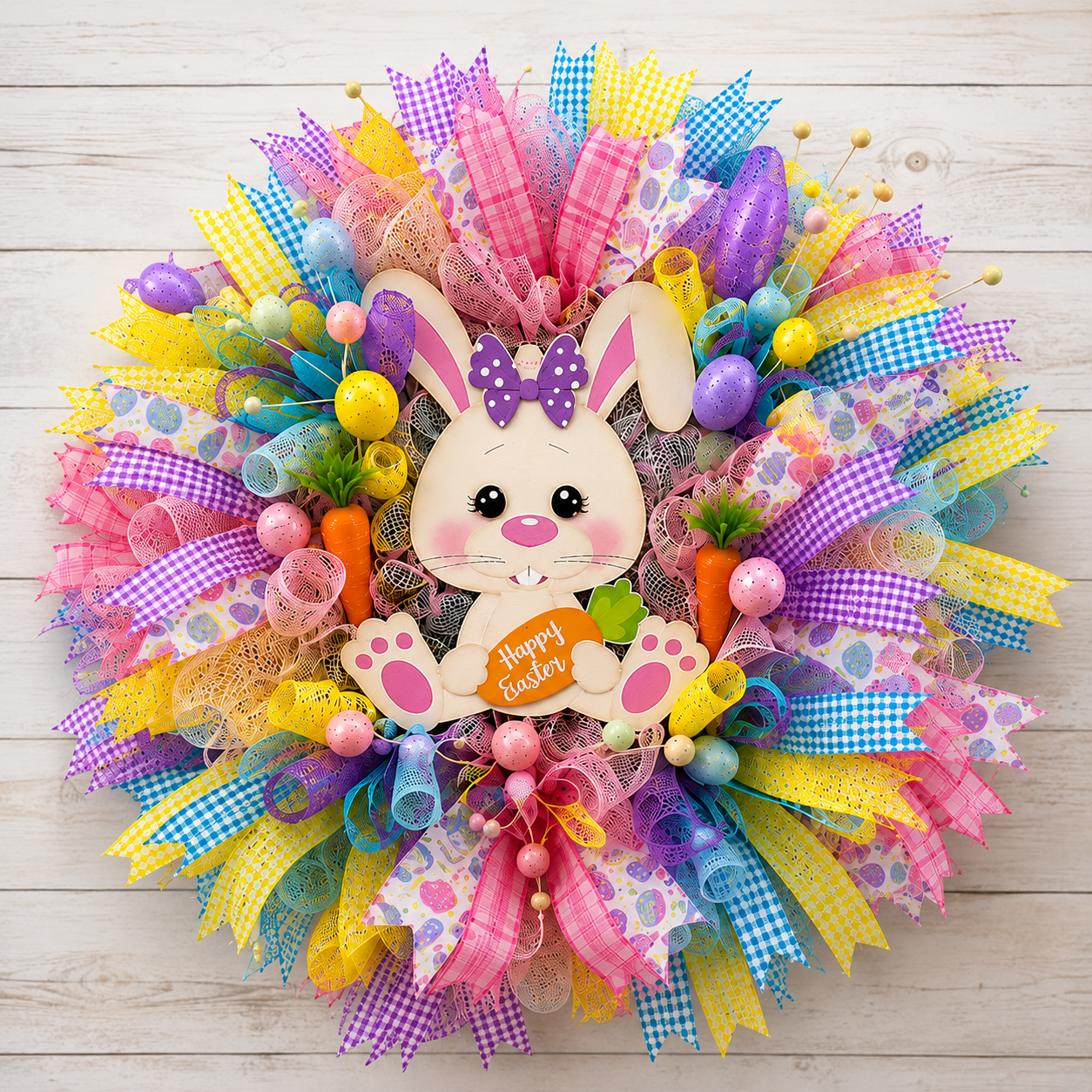 Easter Bunny wreath decorating a welcoming front porch with spring flowers.
