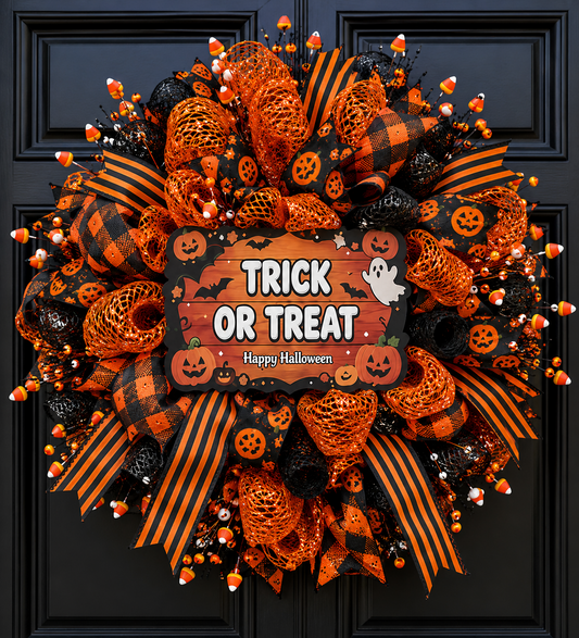 Handmade Trick or Treat Halloween wreath with orange sparkle deco mesh, premium black mesh, pumpkin ribbon, striped ribbon, and candy corn accents on a black front door.