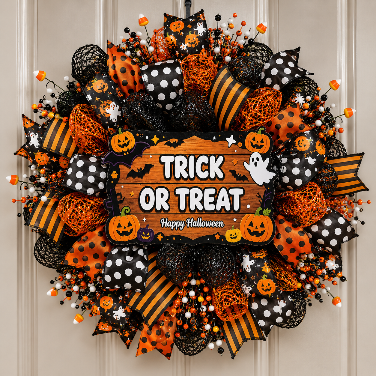 Handmade Trick or Treat Halloween wreath with premium black deco mesh, orange sparkle mesh, striped ribbon, ghost ribbon, polka dot ribbon, and candy corn accents on a front door.