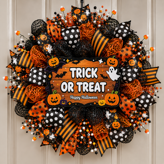 Handmade Trick or Treat Halloween wreath with premium black deco mesh, orange sparkle mesh, striped ribbon, ghost ribbon, polka dot ribbon, and candy corn accents on a front door.