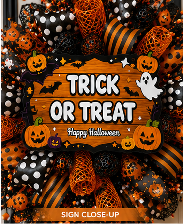Close-up of the Trick or Treat wood sign surrounded by premium Halloween ribbons and orange sparkle deco mesh.