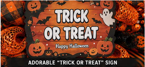 Close-up of the Trick or Treat Halloween wood sign surrounded by premium Halloween ribbons and orange deco mesh.